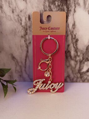 Juicy Couture Rhinestone Logo Keychain Gold Tone Juicy Script Charm